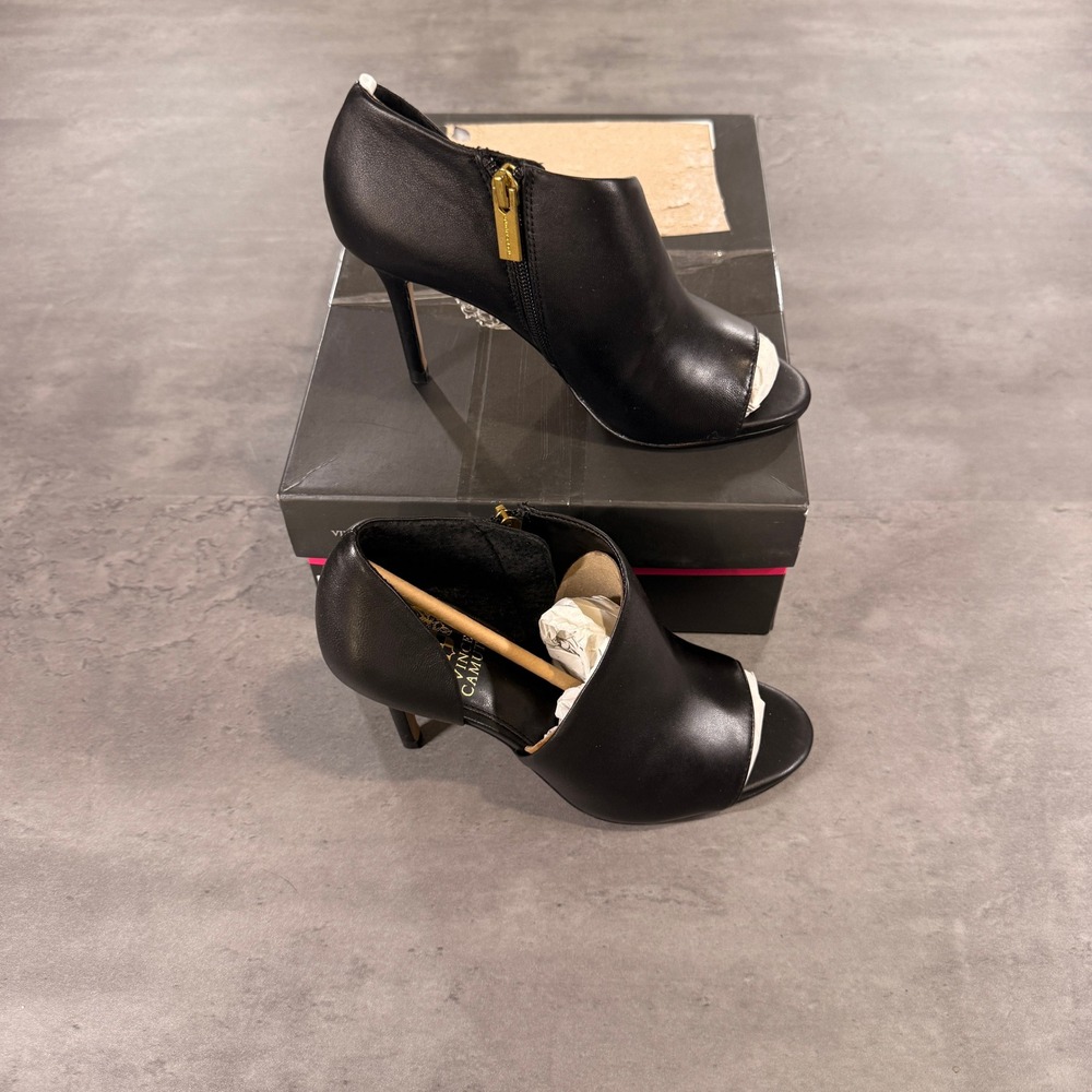 Vince Camuto Telemi Pump 5.5 Black Shootie Peep Toe Stiletto $120 Asymmetrical